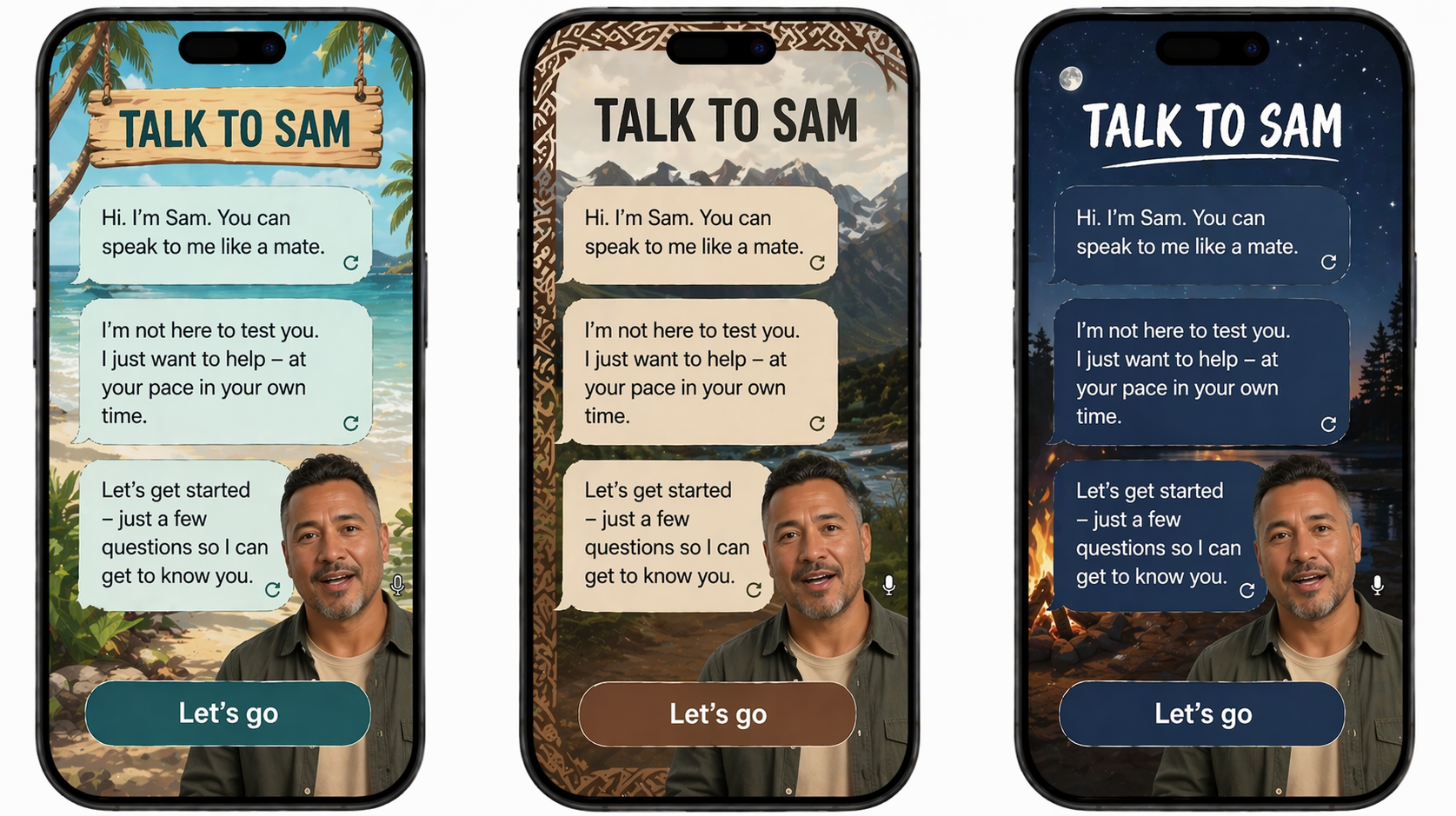 Three phone screens showing Coach Sam arriving in three different background themes: beach/coastal, mountain/rugged landscape, and a campfire night setting.